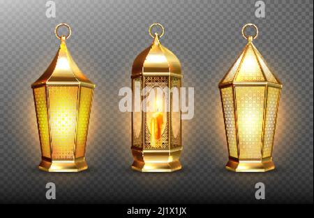 Vintage gold arabic lanterns with glowing candles. Vector realistic set of hanging luminous lamps with golden arabian ornament. Islamic shining fanous Stock Vector