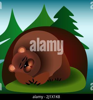 Find 7 differences hibernating bear in a den in the forest children's illustration Stock Vector