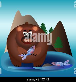 Brown bear in a mountain river catching fish illustration Stock Vector