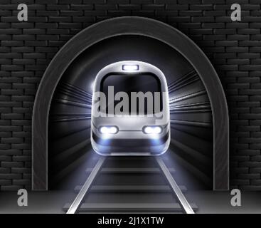 Modern subway train in tunnel. Vector realistic illustration of front wagon of passenger speed train, stone arch in brick wall and rails. Underground