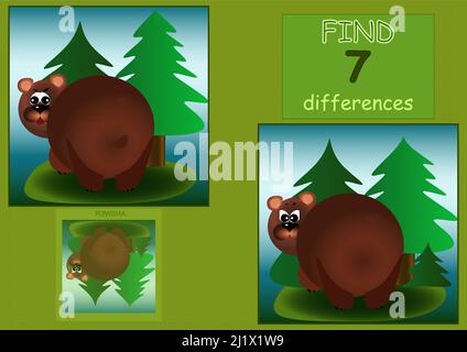 Find 7 differences brown bear from the back in the forest children's illustration Stock Vector