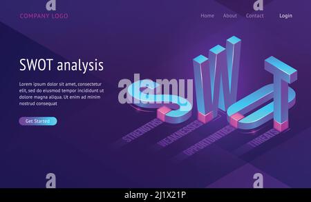 Swot isometric landing page with abbreviation of words Analysis, Strengths, Weaknesses, Opportunities, Threats. Business Concept, 3d Letters Standing Stock Vector