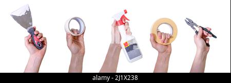 Hands with different tools on a white background. Labor Day for the first of May. The concept of working with hands. Stock Photo