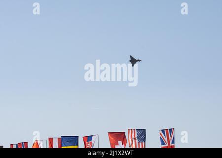 OSTRAVA, CZECH REPUBLIC-SEPTEMBER 22: RAF Eurofighter Typhoon performs during air show session NATO Days at Ostrava airport. Stock Photo