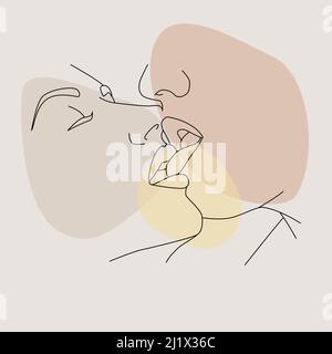 Continuous one line. A kiss of two lovers. Stock Vector