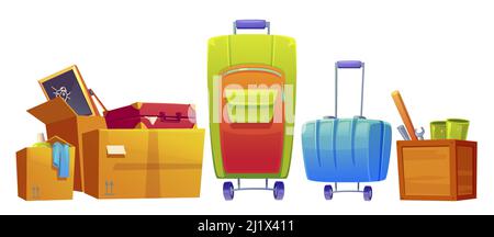 Set of old things luggage, suitcase and baggage bags, kids blackboard, wrench, bat and detergent in cardboard and wooden boxes isolated on white backg Stock Vector