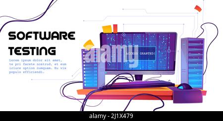 Software testing cartoon banner. Functional test, methodology of programming, search errors and bugs, website platform development, dashboard usabilit Stock Vector
