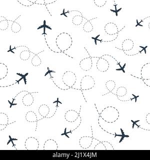 Plane flying with line path seamless pattern. Airplane travel background. Stock Vector