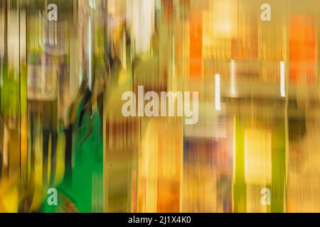 Bright abstract blurred background, exhibition show. Glass showcases, illumination and reflections Stock Photo