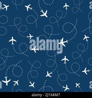 Plane flying with line path seamless pattern. Airplane travel background. Stock Vector
