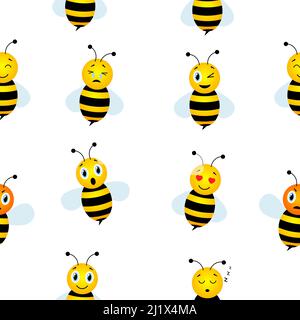 Bees seamless pattern. Flying bumblebees with different emotions. Stock Vector
