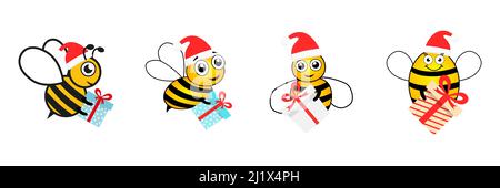 Bees characters holding surprises collection. Bumblebee set. Cute bee wear Santa hat and gift box. Stock Vector