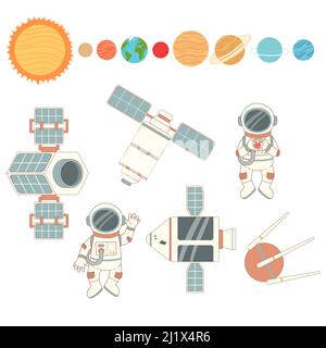 Space set with astronaut, planets and ship, vector Stock Vector