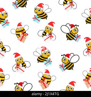 Cute bee wear Santa hat and gift box seamless pattern. Cartoon bee mascot character holding surprise illustration. Stock Vector