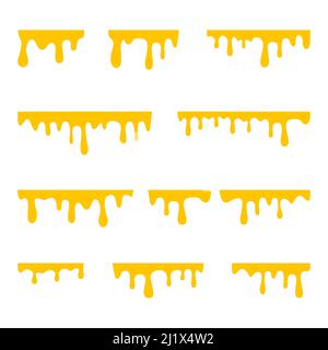 Dripping honey food. Yellow sweet liquid drip elements set. Golden caramel symbol. Stock Vector