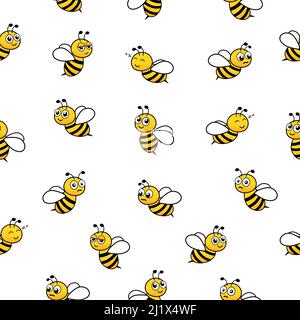 Bees seamless pattern. Flying bumblebees with different emotions. Stock Vector