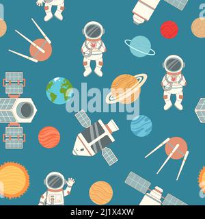 Space seamless pattern, planets and ships, vector Stock Vector