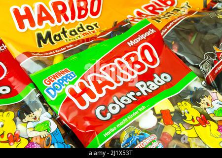 Hamburg, Germany - March 15  2022:  Various Haribo sweets with packages close up Stock Photo