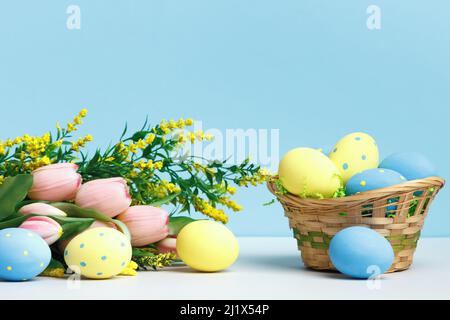 Easter composition. Basket of eggs flowers tulips blooming branches on a blue background. Stock Photo