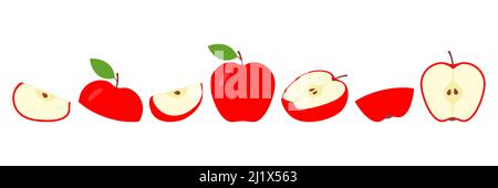Red apples set. Apple slices collection. Vector isolated on white. Stock Vector