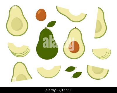 Avocado fruit set. Healthy food symbol. Whole and half avocado. Vector isolated on white. Stock Vector