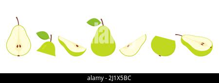 Pears collection. Sweet slices, whole and half pear fruits set. Stock Vector