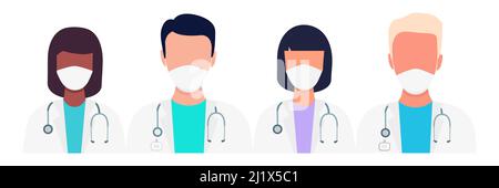 Doctors and nurses characters wearing medical masks. Medicine support concept. Stock Vector