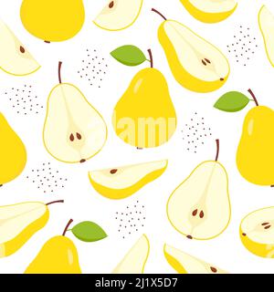 Pears pattern. Sweet slices, whole and half pear fruits seamless pattern. Vector isolated on white. Stock Vector
