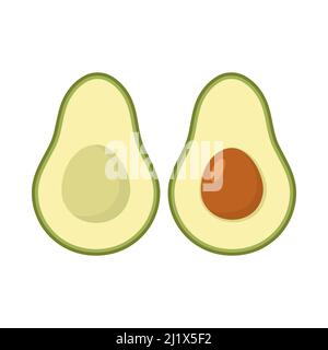 Avocado fruit set. Healthy food symbol. Whole and half avocado. Vector isolated on white. Stock Vector
