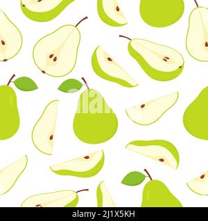 Pears pattern. Sweet slices, whole and half pear fruits seamless pattern. Vector isolated on white. Stock Vector