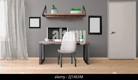 Empty office room with monitor on desk, chair, shelf with plants and black picture frames. Vector realistic interior of modern home workplace with com Stock Vector