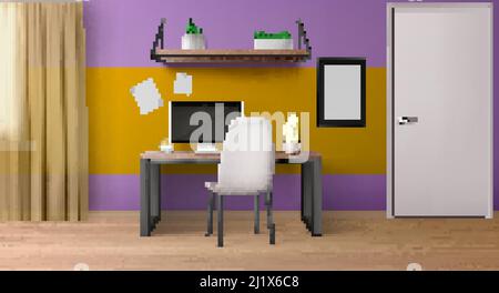 Room interior, workplace with computer on desk, seat and shelves. Empty home or office inner design with white door, curtains on window, picture on wa Stock Vector