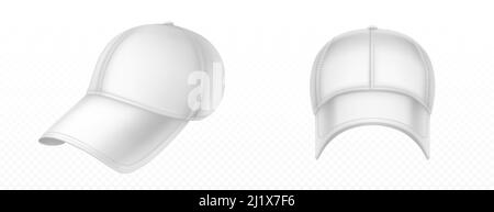 Baseball cap front and angle view. Vector realistic mockup of blank white hat with stitches, visor and snap on peak. Sport uniform cap for protection Stock Vector