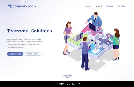 Teamwork solutions isometric landing page. Team of business people working at office desk in shape of connected puzzle pieces. Cooperation, partnershi Stock Vector