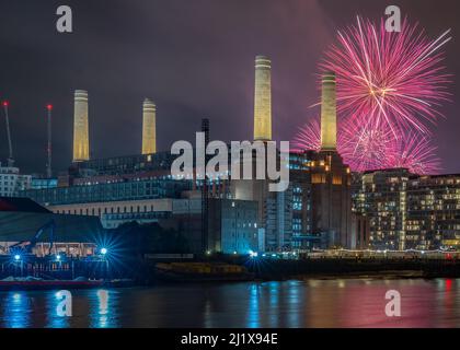 a photo of Fireworks over Battersea Power Station in London on bonfire night Stock Photo