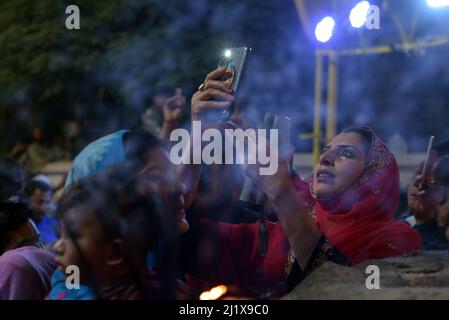 Pakistani devotees attend the three-days 434th annual Urs 'Festival of lights' at the shrine of Muslim Sufi saint Shah Hussain, popularly known as Madho Lal Hussain in Lahore. The annual 3 days festival was held at Madhu Lal's shrine on his 434th birth anniversary. Mela Charaghan has its own importance in Lahore's history, as it has been a biggest festival of Lahore in some times.The festival was started with the seasonal Baisakhi festival in old times. Foolproof security arrangements have been made for the devotees. The last day of the Urs is reserved for women. (Photo by Rana Sajid Hussain / Stock Photo