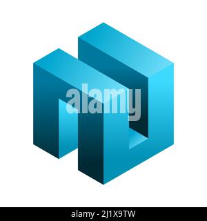 Abstract cubical shape. Architectural design element. Blue 3D box shape. Puzzle building block element. Isometric square object. Corporate logotype. Stock Vector