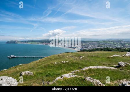 View to Llandudno looking down on the pier from the Great Ormes head on the North Wales coast Stock Photo