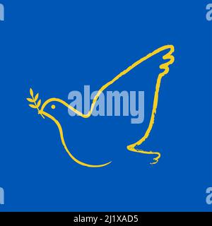 Peace for Ukraine. Dove flying on blue background. Yellow outline. Peace symbol. Vector illustration, flat design Stock Vector