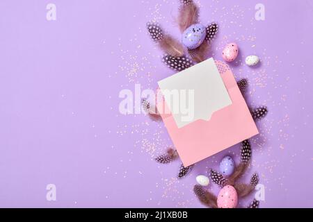 Easter composition with Easter eggs. Flat lay, top view. Stock Photo