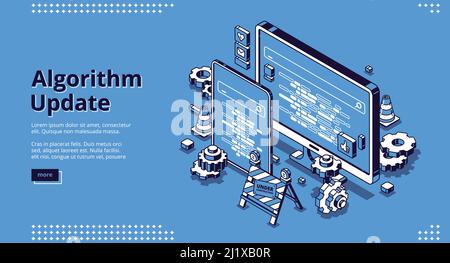 Algorithm update isometric landing page. Programming, digital optimization for devices concept with smartphone and computer desktop, cogwheels and und Stock Vector