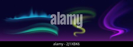 Aurora borealis, northern lights set isolated on transparent background. Vector realistic collection of blue, green and purple polar lights in arctic Stock Vector
