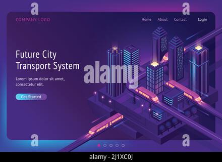 Futuristic town with train highway and skyscrapers at night. Future city transport system banner. Vector landing page of innovation in transport infra Stock Vector