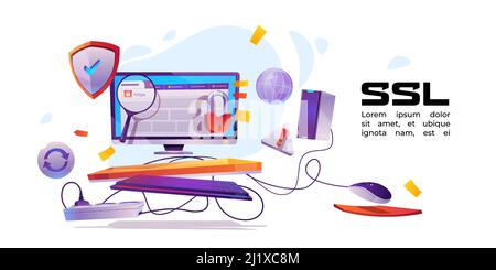SSL, secure certificate of website banner. Concept of safety internet technology, data encryption protocol. Vector cartoon illustration with browser o Stock Vector