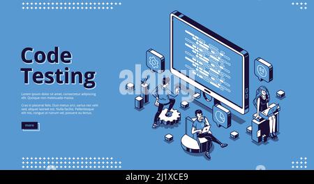 Code testing banner. Concept of search errors and bugs in software, quality control of website or app. Vector landing page of programming test with is Stock Vector