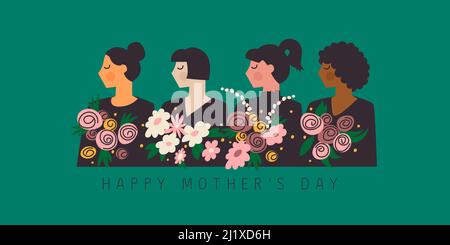 Happy mother's day. Young women looking in one direction. Different multiethnic females holding bouquets of flowers in their hands. Trandy vector Stock Vector