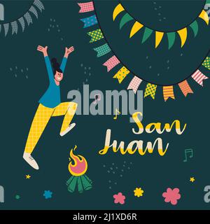 Postcard or poster design for the celebration of Saint Juan. Text in Spanish San Juan. A woman jumps over a bonfire and decorative streamers of flags Stock Vector