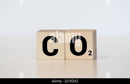 Word CO2 written in metallic letters, retro concept photography using forged steel letters. Stock Photo