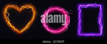 Electric lightning frames in shape of circle, heart and rectangle. Digital glowing neon borders. Vector realistic set of pink, red and purple sparking Stock Vector