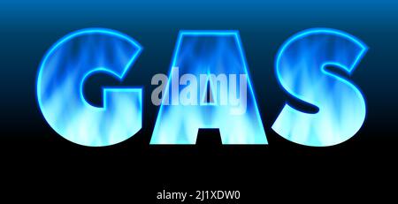 GAS letters with gas flame. Banner on dark blue background. Neon illustration. Gas embargo, crisis and sanctions. Vector illustration. Stock Vector